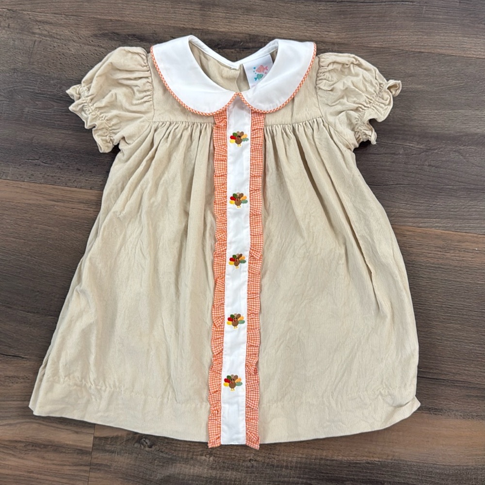 Beige Cotton Peter Pan Collar Kids Dress with Orange Trim